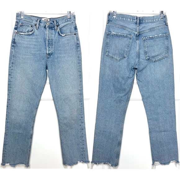 AGOLDE 90s High Rise Distressed Button Fly Raw Hem Ankle Crop Straight Jeans 26 - Picture 7 of 10